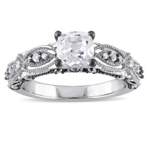 Vintage Filigree Engagement Ring with Yaffie White Gold Created White Sapphire & Diamond