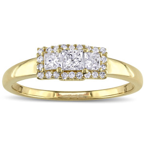 The Yaffie Gold Three-Stone Engagement Ring with Round and Princess-Cut Diamonds, totaling 1/2ct TDW.