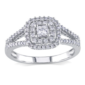 Halo Engagement Ring with Princess-cut & Round Diamonds in White Gold, 1/2ct TDW Split Shank by Yaffie.