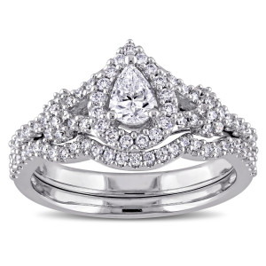 Sparkling Yaffie Bridal Set with Pear and Round-Cut Diamonds in White Gold Split-Shank Halo Design (7/8ct TDW)