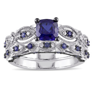 White Gold Bridal Set with Yaffie Sapphire and a touch of 1/10ct Diamond Sparkle.