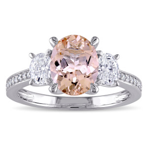 Stunning Yaffie Morganite 3-Stone Engagement Ring with Oval and Round-Cut Diamonds, 5/8ct TDW, in White Gold.