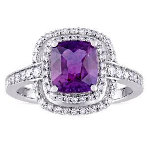 Yaffie Unique White Gold Ring with Violet Sapphire and Double Halo