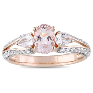 Yaffie Vintage Split Shank Engagement Ring with Oval-Cut Morganite and White Topaz in Rose Gold