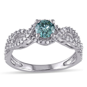 Blue and White Diamond Halo Engagement Ring from Yaffie Signature Collection with 3/4ct TDW White Gold