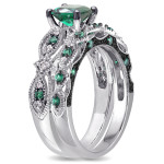 Yaffie Signature Set: Dazzling White Gold Ring with Created Emerald and 1/10ct TDW Diamond. Perfect for Brides!