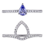 Dazzling Bridal Set with Pear-Cut Tanzanite and Diamond Halo by Yaffie Signature Collection in White Gold