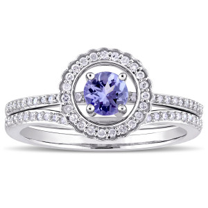 Yaffie Signature Collection: White Gold Tanzanite & 1/3ct TDW Diamond Halo Bridal Set