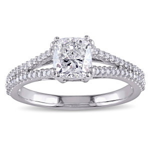 Yaffie Signature Collection: 1 1/4ct TDW Split Shank Diamond Engagement Ring in White Gold with Cushion and Round-Cut Sparklers!