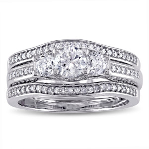 Yaffie 3-stone Bridal Ring Set with 1 1/5ct TDW Diamonds in White Gold From the Signature Collection