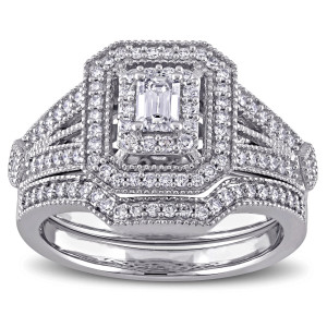 Radiant Double Halo Bridal Set: Yaffie Signature White Gold Emerald & Round-cut Diamond Collection
