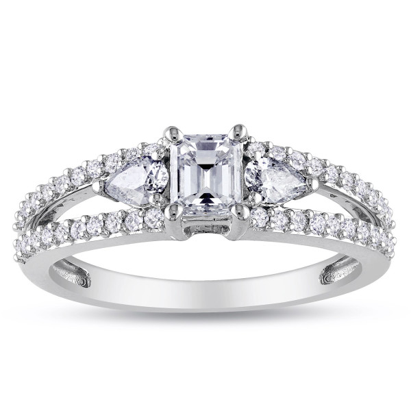 White Gold Engagement Ring with Emerald-cut and Pear Shape Diamonds, Yaffie Signature Collection, 1ct TDW Split Shank Design