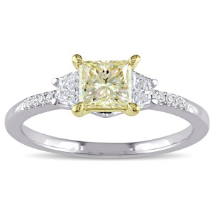 Yaffie Signature White Gold 1ct TDW Engagement Ring with Beautiful Yellow and White Princess-Cut Diamonds in a Stunning 3-Stone Setting