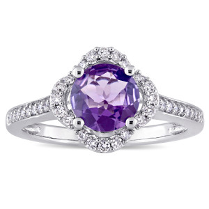 Quatrefoil Halo Ring with Amethyst and 1/4ct TDW Diamonds from Yaffie Signature Collection in White Gold