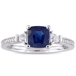 Sparkling Blue Sapphire & White Sapphire Engagement Ring with Diamond Accents from Yaffie Signature Collection in White Gold
