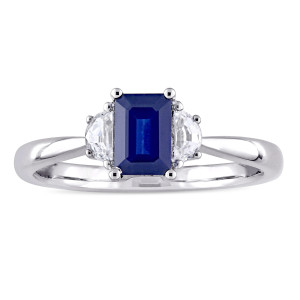 Yaffie Blue and White Sapphire Three-Stone Engagement Ring in White Gold from the Signature Collection