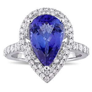 White Gold Double Teardrop Halo Engagement Ring with Pear-Cut Tanzanite and Dazzling Diamonds (3/4ct TDW) from the Yaffie Signature Collection.