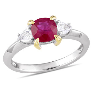 White Gold Ruby and White Sapphire 3-Stone Engagement Ring from Yaffie Signature Collection with Gold Prongs.
