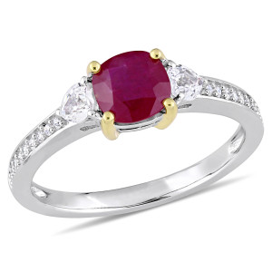 Sparkling Yaffie Ruby and White Sapphire Engagement Ring with 1/10ct TDW Diamond Accents, set in White Gold with Gold Prongs.