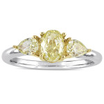 Engagement Ring with 3 Yellow Diamonds in White and Gold by Yaffie Signature Collection, with a total diamond weight of 1 3/5 carats in Oval and Pear Shapes.