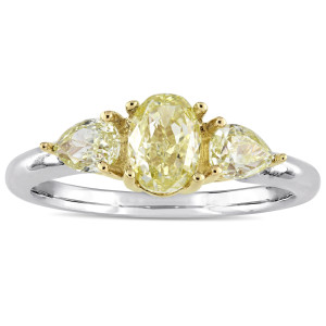 Engagement Ring with 3 Yellow Diamonds in White and Gold by Yaffie Signature Collection, with a total diamond weight of 1 3/5 carats in Oval and Pear Shapes.
