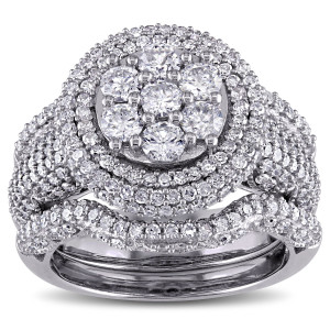 White Gold Bridal Set with Multi-Row Diamond Cluster by Yaffie Signature Collection - 2 1/2ct TDW