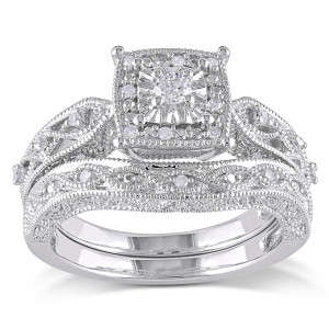 Shine Bright with Yaffie Sterling Silver Diamond Milgrain Bridal Ring Set