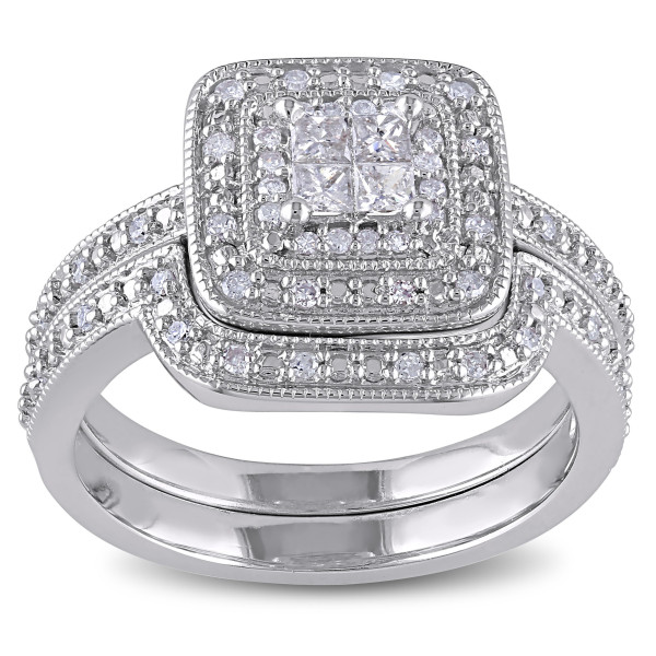 Stunning Yaffie Sterling Silver Bridal Set with Princess-cut Quad Diamonds and Double Halo Design (1/3ct TDW)