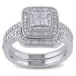 Stunning Yaffie Sterling Silver Bridal Set with Princess-cut Quad Diamonds and Double Halo Design (1/3ct TDW)