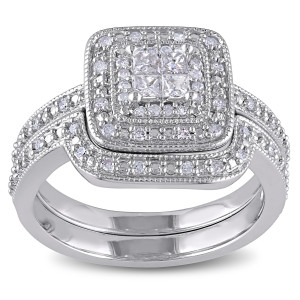 Sterling Silver Diamond Wedding Ring Set with Princess-cut Quad and Double Halo