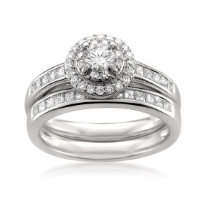 1ct TDW White Diamond Halo Bridal Set in Yaffie White Gold for Engagements and Weddings