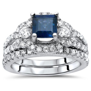 Blue Sapphire Diamond Engagement Ring Set in White Gold with 1 1/2 TGW Princess Cut Fit for a Princess by Yaffie