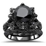 Custom Yaffie™ Black Diamond Lotus Flower Engagement Ring Set with 3.5ct TDW Black Gold Sparkle