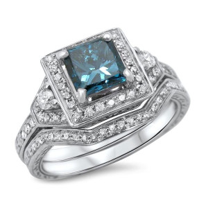 Blue Princess-cut Diamond Bridal Ring Set by Yaffie with 1 1/10ct TDW in White Gold