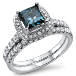 Blue Princess Cut Diamond Engagement Ring Set with 1 1/2 TDW in Yaffie White Gold