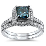 Blue Princess Cut Diamond Engagement Ring Set with 1 1/2 TDW in Yaffie White Gold