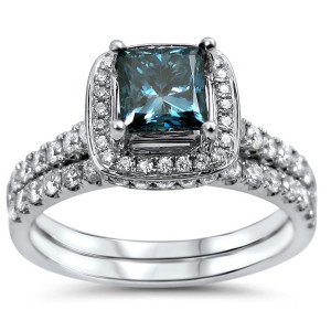 Blue Princess Cut Diamond Engagement Ring Set with 1 1/2 TDW in Yaffie White Gold