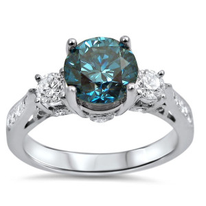 Blue Diamond 3-Stone Engagement Ring with 1 1/2ct TDW in White Gold by Yaffie