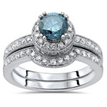 Blue Round Diamond Engagement Bridal Set with 1 1/2ct TDW in White Gold by Yaffie