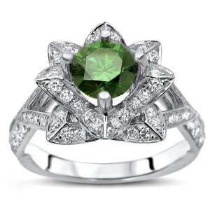 Green Diamond Lotus Flower Engagement Ring by Yaffie - 1.5ct TDW in White Gold