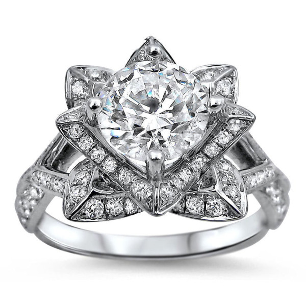 Lotus Bloom Diamond Engagement Ring in White Gold with 1 1/2ct TDW Round-cut Diamonds by Yaffie