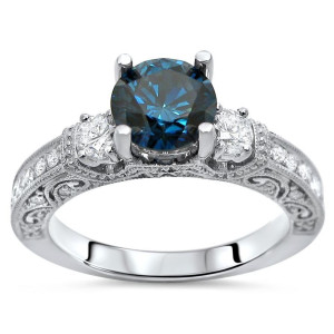 Blue and White Diamond Engagement Ring with 1 1/4ct TDW in Yaffie White Gold