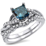 Blue and White Diamond Wedding Set with 1 1/5ct of White Gold by Yaffie