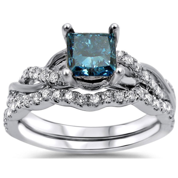 Blue and White Diamond Wedding Set with 1 1/5ct of White Gold by Yaffie