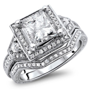 Enhanced Princess-cut Diamond Bridal Set with White Gold - Yaffie 1 2/5ct TDW Halo