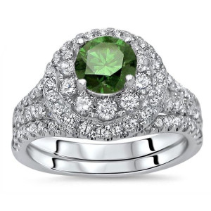 Green Round Diamond Double Halo Bridal Set with 1 3/4ct TDW in Yaffie White Gold Engagement Ring