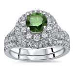 Green Round Diamond Double Halo Bridal Set with 1 3/4ct TDW in Yaffie White Gold Engagement Ring