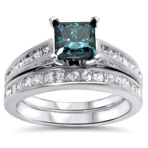 Sparkling Blue Diamond Engagement Ring Set - Yaffie White Gold 1.6 Carat Total