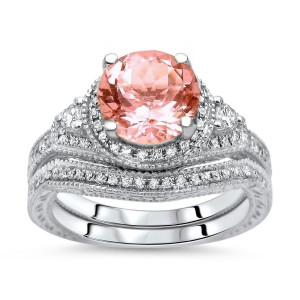 Bridal Set: Yaffie Stunning White Gold Morganite & Diamond Ring with 1 3/5ct Total Gem Weight, Perfect for Your Engagement!