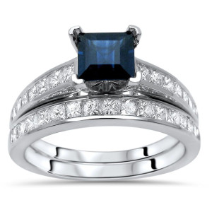 Sapphire Princess-cut Diamond Ring Set with 1ct TDW in White Gold by Yaffie